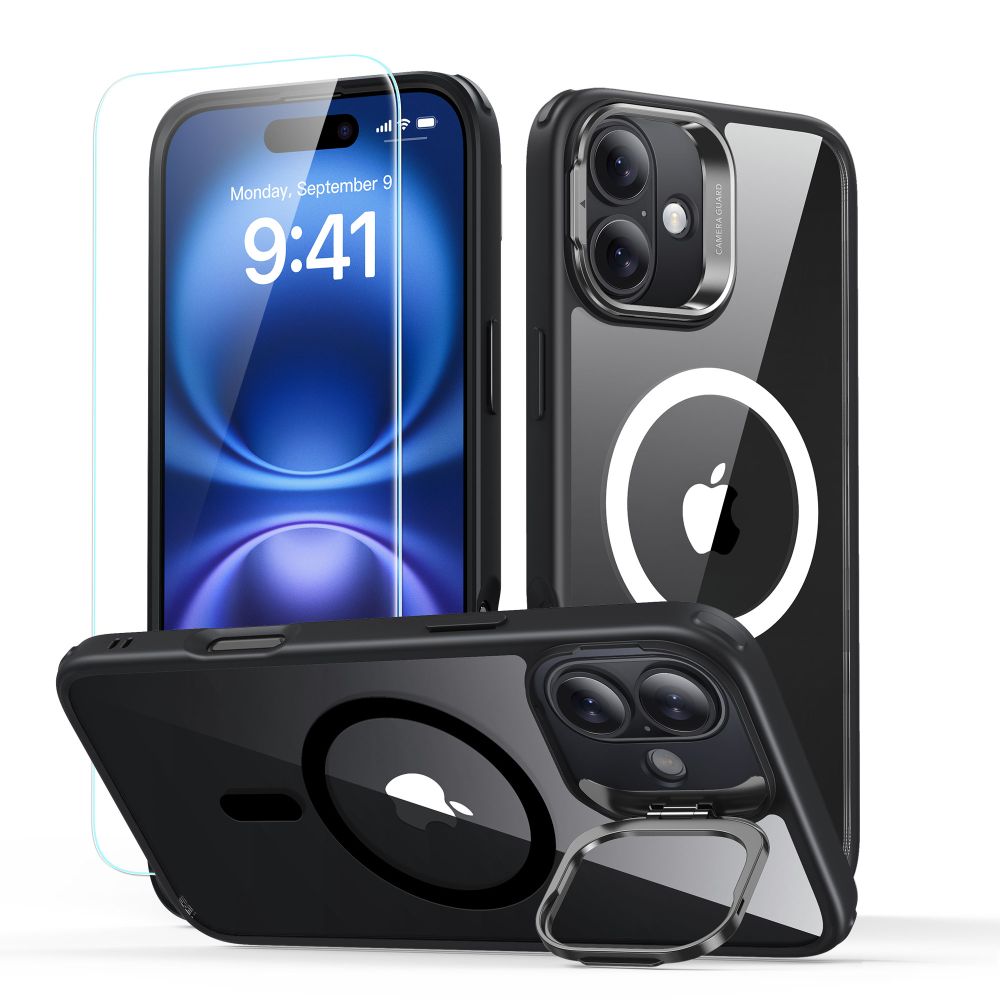 KRYT ESR CLASSIC HYBRID KICKSTAND HALOLOCK MAGSAFE & TEMPERED GLASS IPHONE 16 CLEAR/BLACK