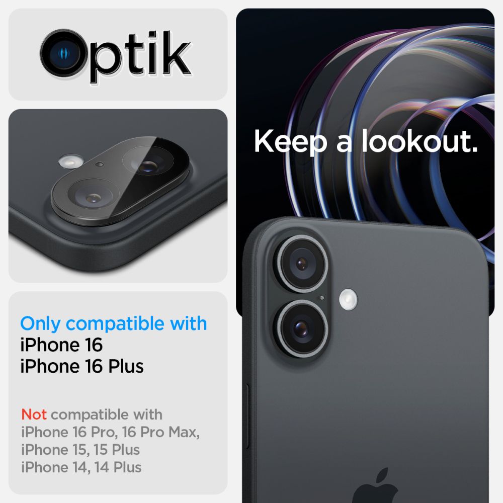 OCHRANNÉ TVRDENÉ SKLO PRE ŠOŠOVKU FOTOAPARÁTU SPIGEN OPTIK GLAS.TR CAMERA PROTECTOR 2-PACK IPHONE 16 / 16 PLUS BLACK