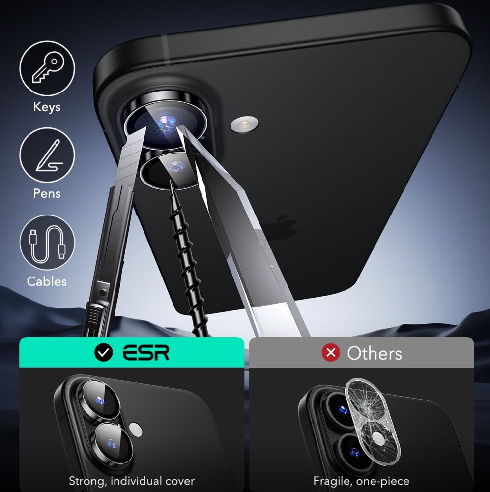 OCHRANNÉ TVRDENÉ SKLO PRE ŠOŠOVKU FOTOAPARÁTU ESR ARMORITE CAMERA PROTECTOR IPHONE 16 / 16 PLUS BLACK