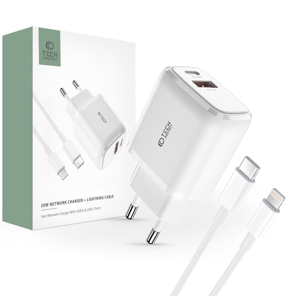 SIEŤOVÁ NABÍJAČKA NA MOBIL A TABLET  TECH-PROTECT C20W 2-PORT NETWORK CHARGER PD20W/QC3.0 + LIGHTNING CABLE WHITE