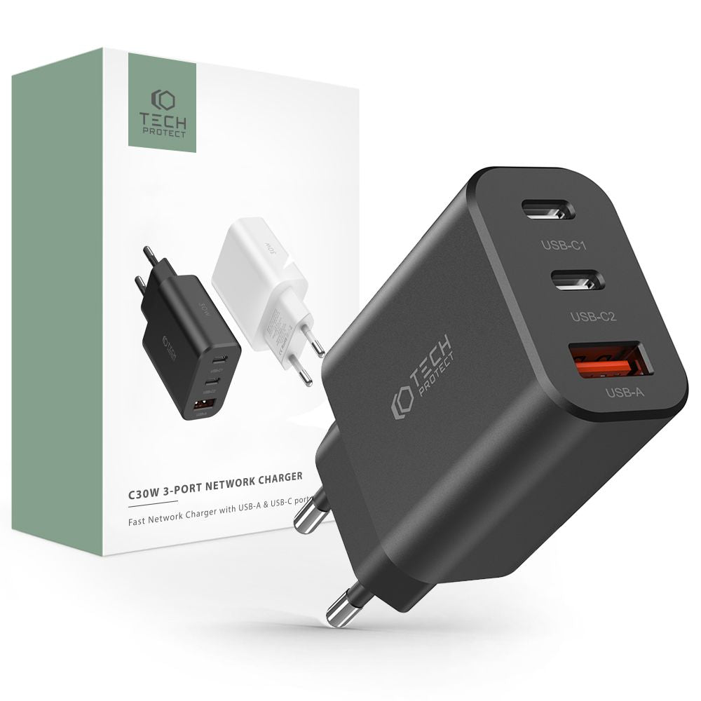 SIEŤOVÁ NABÍJAČKA NA MOBIL A TABLET  TECH-PROTECT C30W 3-PORT NETWORK CHARGER PD30W/QC3.0 BLACK