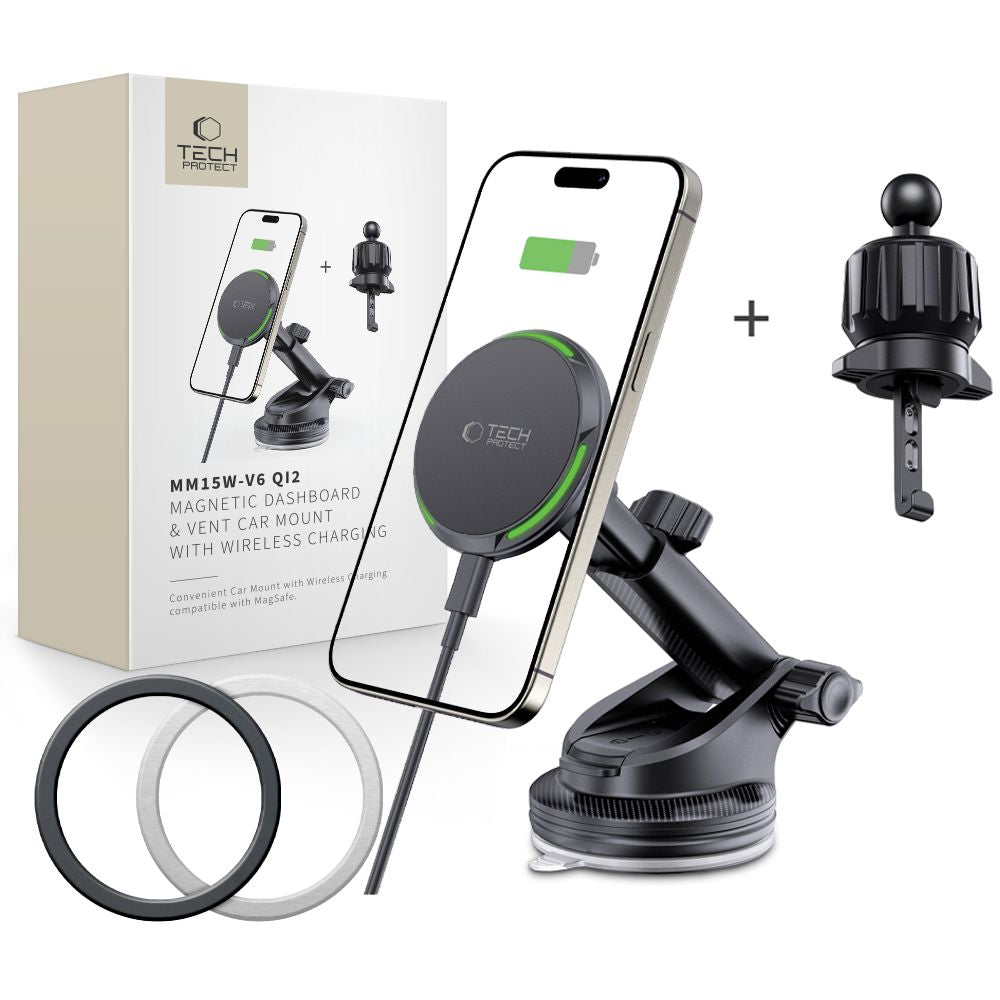 DRŽIAK TELEFÓNU DO AUTA S BEZDRÔTOVÝM NABÍJANÍM TECH-PROTECT MM15W-V6 QI2 MAGNETIC MAGSAFE DASHBOARD & VENT CAR MOUNT WIRELESS CHARGER 15W BLACK
