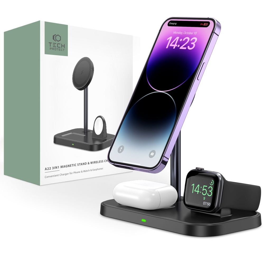 BEZDRÔTOVÁ NABÍJAČKA 3IN1 TECH-PROTECT QI15W-A22 MAGNETIC MAGSAFE WIRELESS CHARGER BLACK