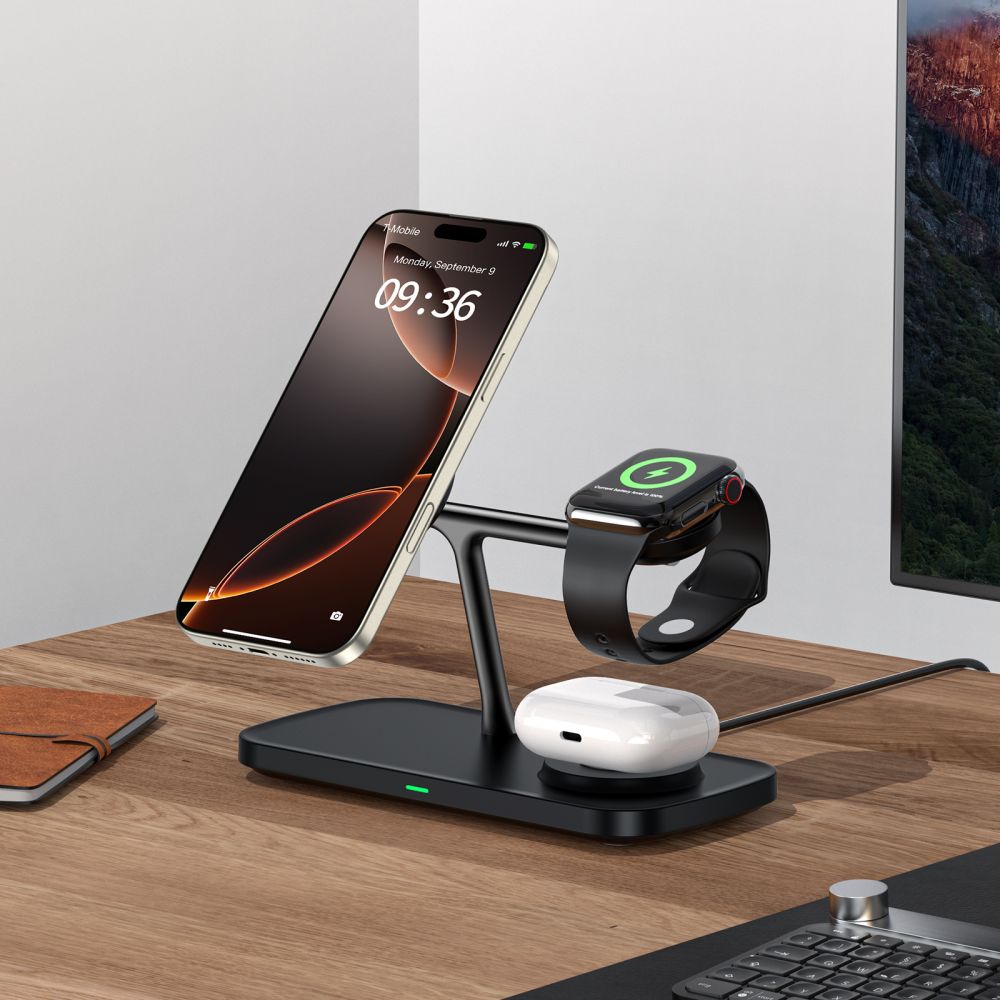 NABÍJACIA STANICA TECH-PROTECT QI15W-A45 3IN1 MAGNETIC MAGSAFE WIRELESS CHARGER BLACK