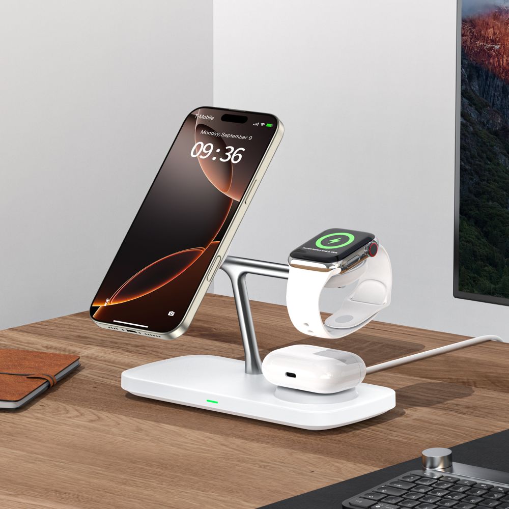 NABÍJACIA STANICA TECH-PROTECT QI15W-A45 3IN1 MAGNETIC MAGSAFE WIRELESS CHARGER WHITE