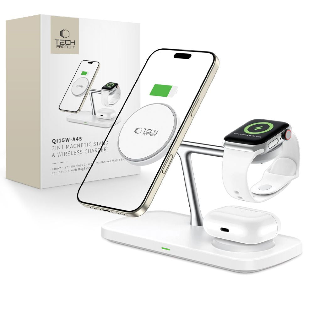 NABÍJACIA STANICA TECH-PROTECT QI15W-A45 3IN1 MAGNETIC MAGSAFE WIRELESS CHARGER WHITE